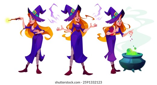 Game witch character. Red haired sorceress in purple dress and pointed hat using magic wand, casting spell with lightning and brewing potion in bubbling cauldron. Cartoon wizard for fantasy RPG.