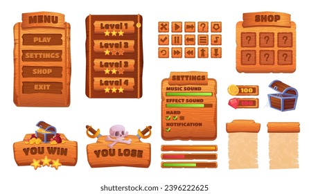 Game wood interface. Cartoon wooden ui board frame for 2d gaming, woodens texture panel menu setting slider check bar tablet gui design mobile app games element on white vector illustration