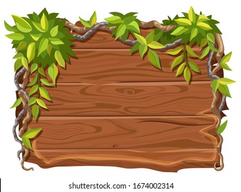 Game wooden board and branches liana and tropical leaves. Isolated  cartoon panel with space for text . Vector illustration on white background.