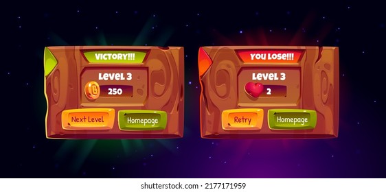 Game wooden boards with level score, victory and lose banners. Vector cartoon set of gui design elements, game screens of level win and fail with achievements and button