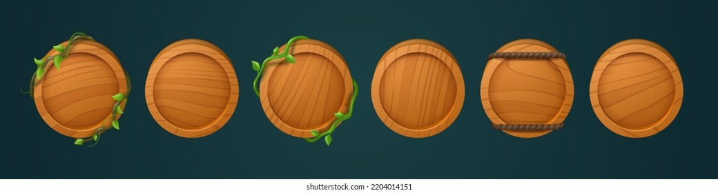 Game wooden buttons or user avatar frames with jungle vines and ropes. Empty circle panels from brown wood, round timber planks isolated on background, vector cartoon set