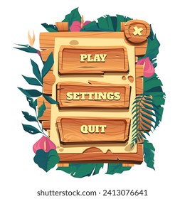 Game wooden menu. Old wooden frame buttons, cartoon tribal signboard UI elements, rural banner for game user interface. Vector isolated illustration of button game message ui