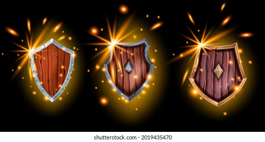 Game wooden shield vector set, medieval knight armor, magic glowing war battle inventory. UI victory badge, fantasy RPG success award, fight clipart, military soldier illustration. Game shield icon