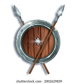 Game wooden vector shield illustration, fantasy medieval war equipment, iron spear, cartoon battle armor. Knight round metal protection inventory, RPG UI design object on white. Game shield icon