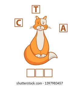 Game words puzzle cat.Education developing child.Riddle for preschool.Flat illustration cartoon character vector.