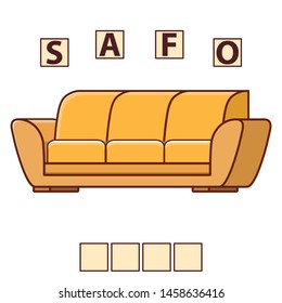 Game words puzzle furniture sofa . Education developing child.Riddle for preschool.Flat illustration cartoon character vector.
