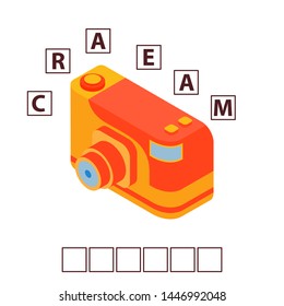 Game words puzzle isometry photo toy camera . Education developing child.Riddle for preschool.Flat illustration cartoon character vector.