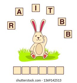 Game words puzzle rabbit.Education developing child.Riddle for preschool.Flat illustration cartoon character vector.