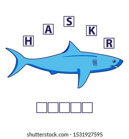 Game words puzzle shark.Education developing child.Riddle for preschool.Flat illustration cartoon character fish vector.
