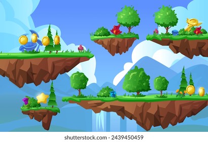 Game world with level platforms, floating forest land islands, magical flowers and mushrooms vector illustration. Fantasy cartoon ground rock stages with reward coins key. Achievement game trophies