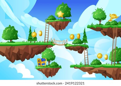 Game world with Level platforms and passages, floating summer forest land islands in the sky. Fantasy achievement game adventure. Cartoon vector ground rock stage with reward coins, chest and key