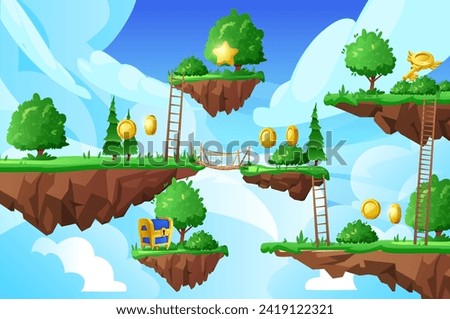 Game world with Level platforms and passages, floating summer forest land islands in the sky. Fantasy achievement game adventure. Cartoon vector ground rock stage with reward coins, chest and key