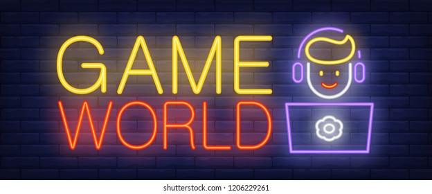 Game world neon text with boy playing computer game. Computer games and entertainment advertisement design. Night bright neon sign, colorful billboard, light banner. Vector illustration in neon style.