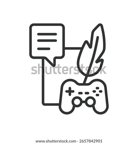 Game Writer, icon in line design. Narrative design, story development, character dialogue, quest writing, interactive fiction on white background vector. Game Writer, editable stroke icon