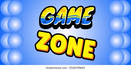Zona de juego 3D texto amarillo y azul sobre fondo degradado