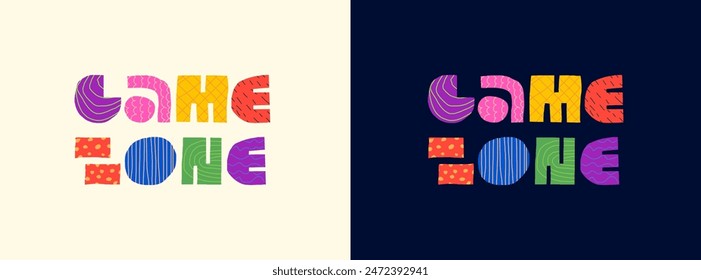 Game zone abstract decorative concept logo. Modern colorful graphic shapes letters for gamer kids playroom advertising. Children fun and play activity place trendy creative sign. Cartoon style badge