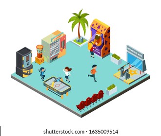 Game Zone Concept. Game Center, Kids Room With Playing Game Machines Arcade Simulator Racer Hockey Shooting Range Vector Isometric Location