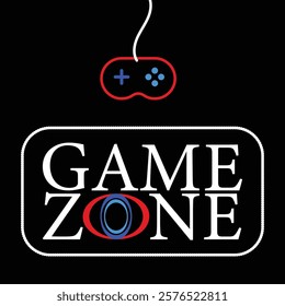 GAME ZONE !! game controler logo and game zone text with eye design . white text and black background .