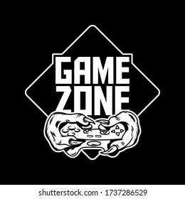 Game zone gamer hands of green monster dinosaur which keep gamepad joystick controller and play video game. Custom icon logo print design illustration for geek culture people t-shirt design apparel