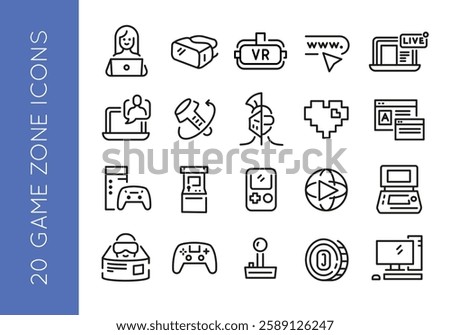 Game zone icons. Set of 20 game trendy minimal icons. Handheld Console, VR Headset, Arcade Machine, Desktop Computer icon. Design signs for web page, mobile app, packaging design. Vector illustration.