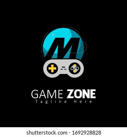 Game Zone Letter M Logo Design with Joystick Game Element. Vector Illustration Template
