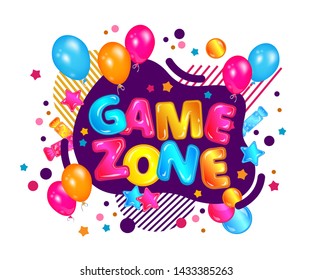 Game zone lettering and text with glossy fun shapes and balloons for kids banner of game room and playground, isolated cartoon vector illustration.