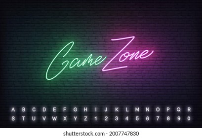 Plantilla de neón de zona de juegos. Diseño de letras vectoriales de la zona de juego brillante