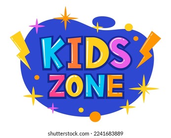 Game zone poster. Cartoon kids playroom, baby entertainment party club and children game zone sticker flat vector illustration on white background