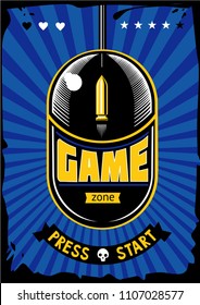 Game zone vintage poster. Computer video games retro illustration. Gaming vector background with mouse and bullet, grunge style.