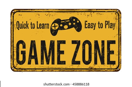 Game zone vintage rusty metal sign on a white background, vector illustration