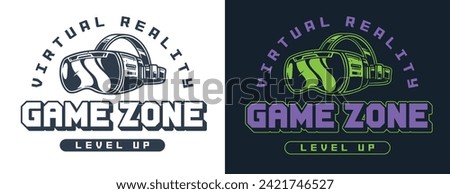 Game zone vintage style flyer with virtual reality helmet for immersion in metaverse and inscription level up vector illustration