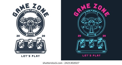 Game zone vintage style poster with steering wheel and pedals for car simulators in street racing video games vector illustration