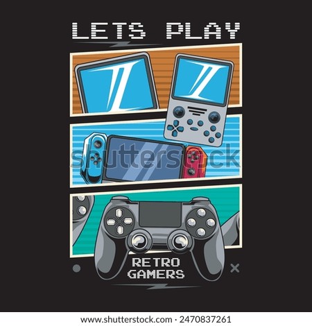 Gameboy, Console Gaming and Joystick Cartoon Vector Illustration for T-Shirt Design