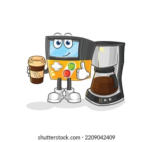 the gameboy drinking coffee illustration. character vector