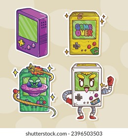 Gameboy retro game console cartoon vector illustration Set.