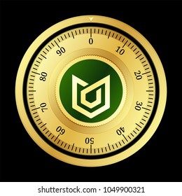 GameChain System (GCS) cryptocurrency safe lock. Eps10 vector illustration isolated on black background.