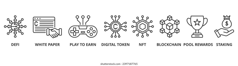 GameFi banner web icon vector illustration concept with icon of defi, white paper, play to earn, digital token, nft, blockchain, pool rewards and staking