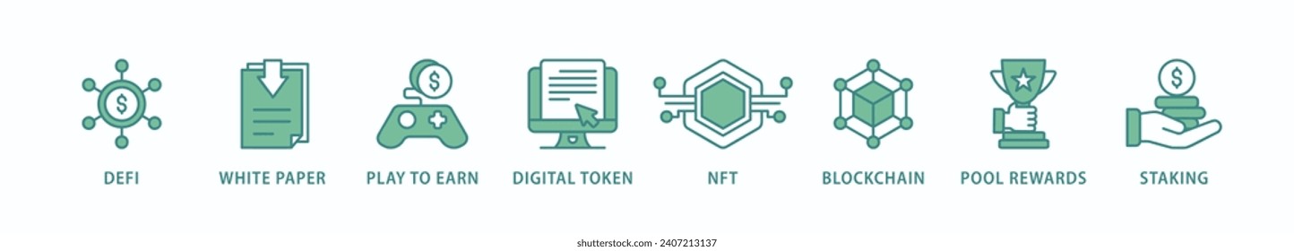 Gamefi banner web icon vector illustration concept with icon of defi, white paper, play to earn, digital token, nft, blockchain, pool rewards and staking