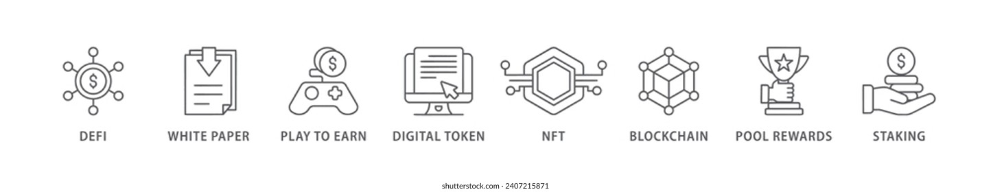 Gamefi banner web icon vector illustration concept with icon of defi, white paper, play to earn, digital token, nft, blockchain, pool rewards and staking