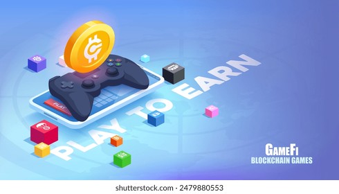 GameFi blockchain games isometric illustration. Isometric vector illustration of a smartphone with a gaming joystick and a large cryptocurrency coin on top, symbolizing GameFi blockchain games.