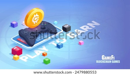 GameFi blockchain games isometric illustration. Isometric vector illustration of a smartphone with a gaming joystick and a large cryptocurrency coin on top, symbolizing GameFi blockchain games.