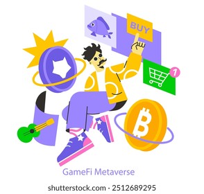 GameFi concept. Dynamic user engages in blockchain gaming with cryptocurrency, enriching the digital economy. Buying virtual assets, Bitcoin transaction. Vector illustration.