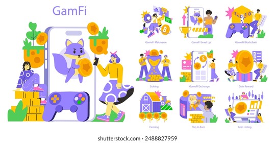 GameFi concept set. Interactive gaming and finance blending in cryptocurrency world. Users enjoying play-to-earn games, staking, and blockchain integration. Vector illustration.