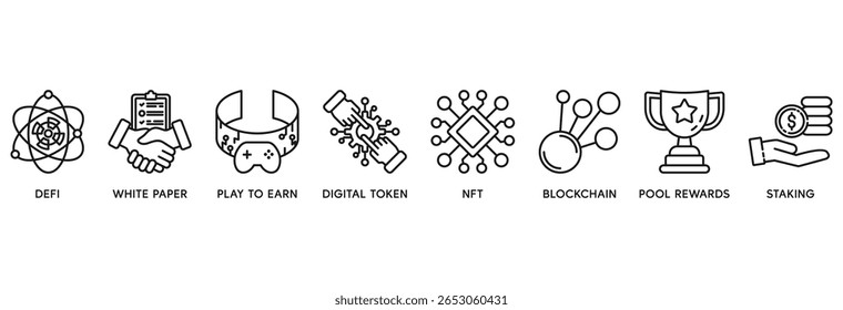 O conceito de ilustração vetorial do conjunto de ícones do Gamefi relaciona-se a defi, white paper, play to earn, token digital, nft, blockchain, recompensas de pool e empilhamento