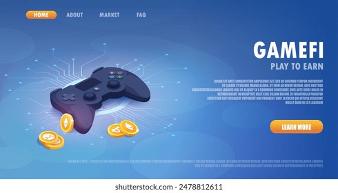 Ilustración vectorial isométrica de juego para ganar GameFi. Gran joystick de juego y monedas de criptomonedas alrededor. Juegos de blockchain GameFi.