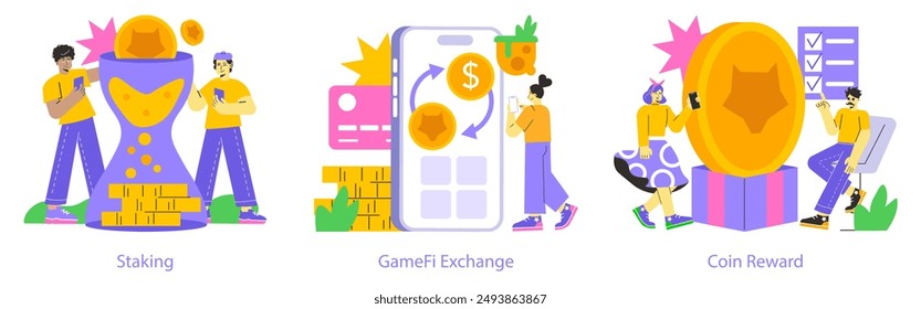 GameFi set. Users engaging in staking, cryptocurrency exchange, and earning coin rewards. Personal finance in the gaming world. Vector illustration.