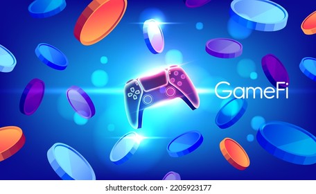 GameFi tokens crypto currency with game controller on blue background.