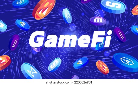 GameFi tokens crypto currency themed banner. Digital money falling.