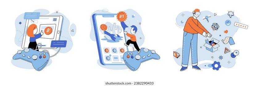 Ilustración vectorial de Gamefi. GameFi combina juegos y finanzas, creando un nuevo paradigma para el entretenimiento digital La industria de juegos aprovecha la tecnología para ofrecer experiencias de juego inmersas