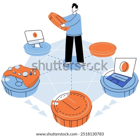 Gamefi vector illustration. The GameFi concept combines gaming mechanics with financial incentives NFTs Non Fungible Tokens add value and uniqueness to digital assets in gaming industry Gaming